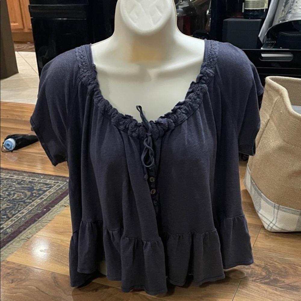 Free People Women's Navy Peasant Blouse Ruffle Top